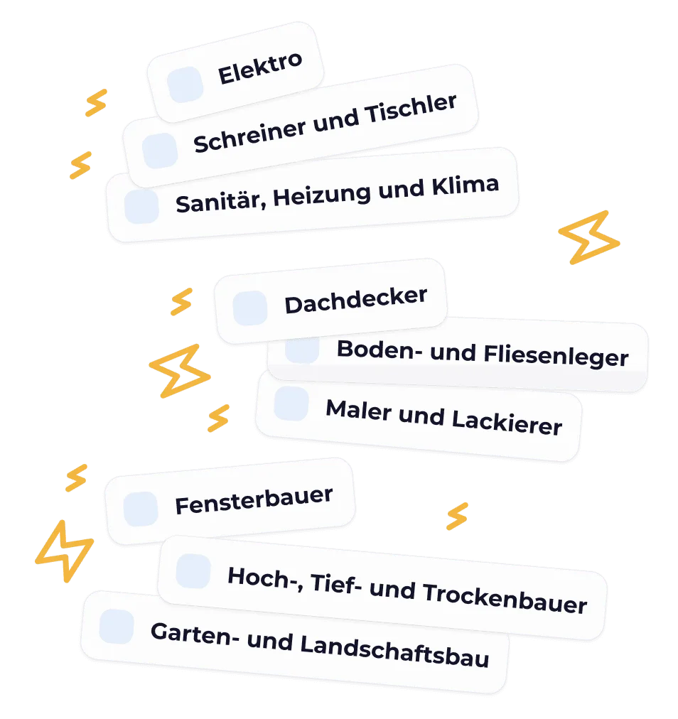 Gewerke: Elektro, Schreiner, SHK, Dachdecker und mehr